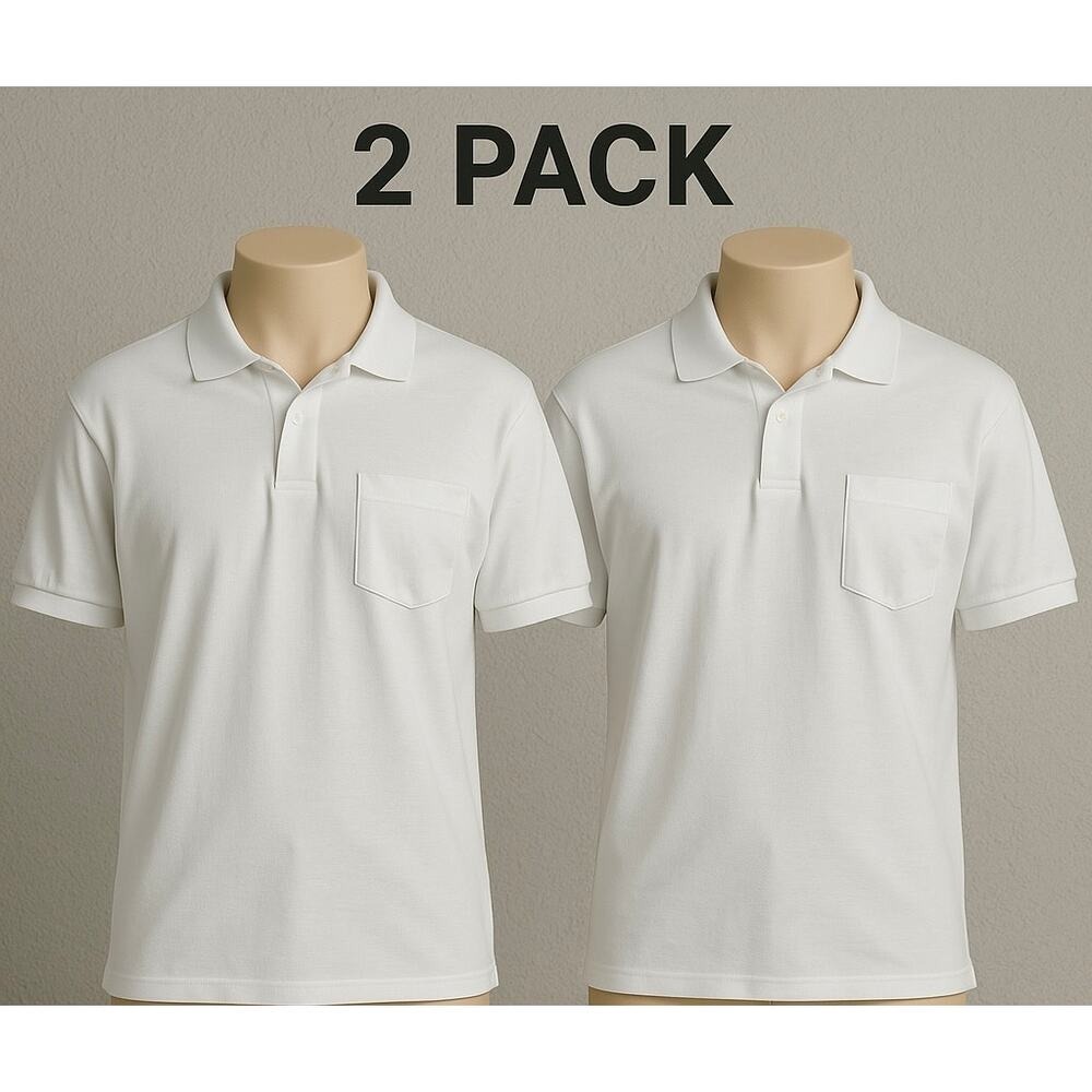 Hanes 054X EcoSmart Mens L White Pocket Polo Shirts 2 Pack ComfortBlend